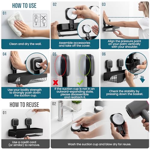 TAILI Shower Caddy Suction Cup Stainless Steel Shower Shelves Black 2pack