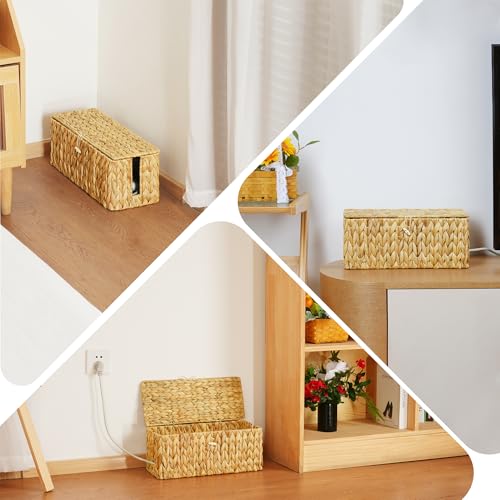 efluky 2 Pack Water Hyacinth Floor Cord Covers with Lid, Hand-woven Cable Management Box, 2 Open Slots Cord Box to to Hide USB Wire, Power Strip & Charger for Home & Office and Dorm, Natural