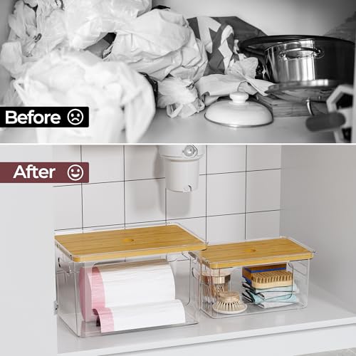 Delamu 2 Pack (XL+S) Trash Bag Dispenser, Stackable Garbage Bag Holder | Clear Acrylic Organizer Bins for Under Sink Organization, Pantry Storage, Cabinet, Kitchen, Laundry, Bathroom