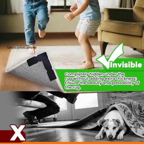 Rug Non Slip Grippers, Reusable Rug Tape Pads for Hardwood Floors, Laminate Floor, Tiles, No Residue on Flooring, Corner Grippers Carpet Tape for Area Rugs, Keep Corners Flat (12)