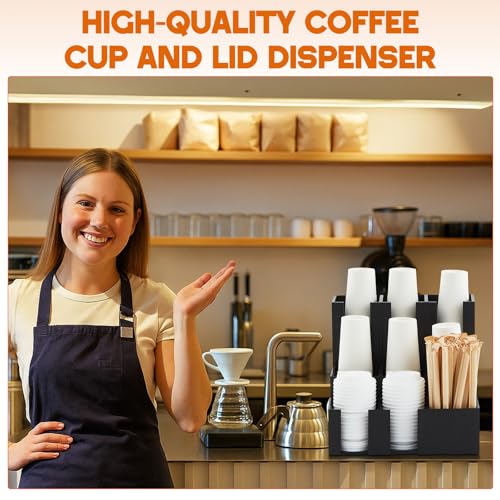 CroBlissful Wooden Vertical Coffee cup and lid dispenser, coffee condiment organizer, 9 Compartment for Disposable Paper & Plastic Cup, for cabinet Station Home Countertop Bar 13''l x 13''w x 12''h