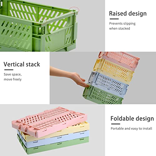 4 Pack Pastel Crates for Storage, Plastic Folding Basket, Colorful Small Storage Containers for Bedroom Office Classroom Bathroom Desktop Drawer Organizer Decor (9.8x6.5x3.8inch)