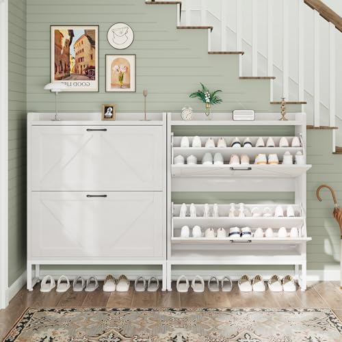 Shoe Cabinet, Shoe Storage Cabinet with 2 Flip Drawers & Adjustable Shelf, Space-Saving Shoe Organizer – Holds 16+ Pairs, Narrow Shoe Cabinet Storage for Entryway/Hallway(White)