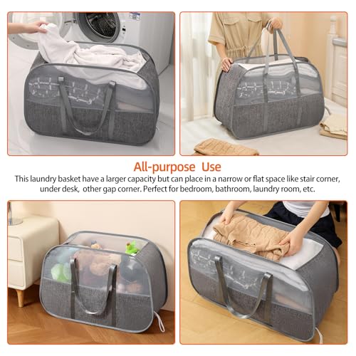 Collapsible Laundry Baskets with Easy Carry Handles, 95L Clothes Hamper for Storage, Foldable Laundry Basket Tear-proof, Large Pop Up Hampers for Laundry, Bedroom, Bathroom, Dorm Grey