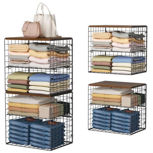 Huxitocan 4-Tier Stackable Closet Organizers and Storage Shelves, Closet Storage Basket with Wood Tops, Adjustable Height Dividers Closet Storage Bins for Home Closet Organizer System, Black