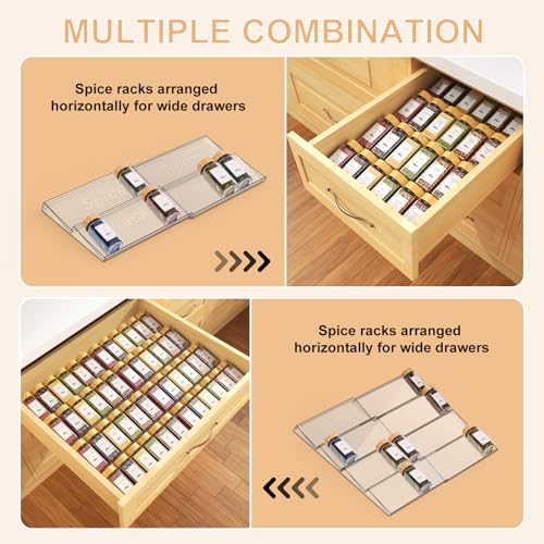 24 Spice Jars with Spice Drawer Organizer, 355 Spice Labels, 2 Pack Expandable From 11'' to 21'' Acrylic Spice Rack for Drawer, Seasoning Containers Storage Organization for Kitchen Cabinet Countertop
