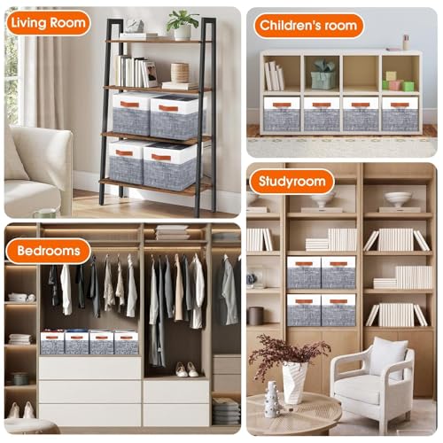 Collapsible Storage Baskets for Shelves,14"x10", 4 Pack Foldable Fabric Storage Bins with Double Leather Handles, Large Baskets for Organizing Books, Clothes, White & Grey