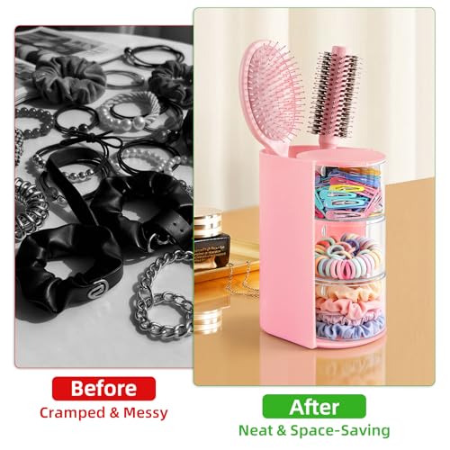 neotidy Hair Accessories Organizer with Hair Brush Holder, Rotating Hair Tie Product Organizer for Girls, 3-Tier Makeup Brush Holder for Clips, Bows & Brushes (Pink, 3-Tier)