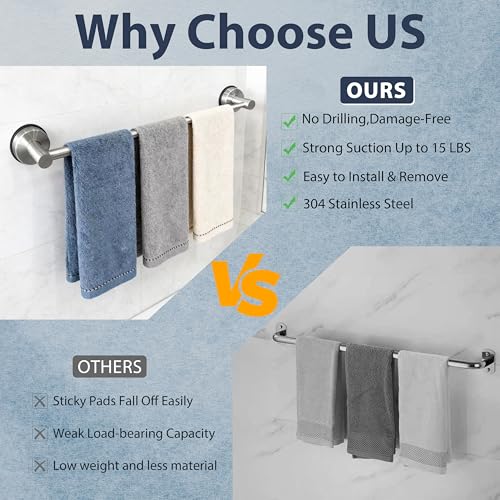 Suction Cup Towel Bar Towel Racks for Bathroom 14.6-24in Adjustable | No Drill Towel Rack, Stainless Steel Construction, Heavy Duty Wall Mounted (silver)