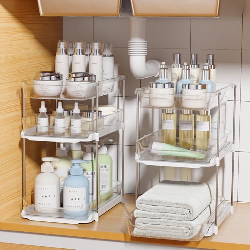 Delamu 2 Sets of 3-Tier Bathroom Under Sink Organizers and Storage, Multi-Purpose Stackable Pantry Organization and Storage, Pull Out Clear Kitchen Bathroom Cabinet Organizer with Movable Dividers | Storage