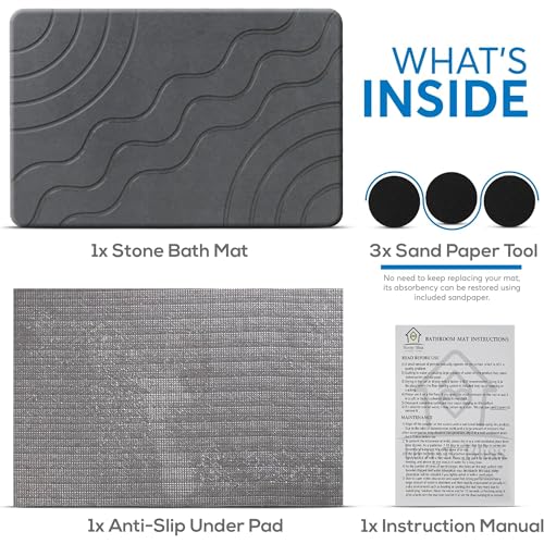 Stone Bath Mat Quick Drying Diatomaceous Earth Bath Mat Non Slip Shower Mat Super Absorbent Stone Bath Mats for Bathroom, Floor, Kitchen Counter, Easy to Clean (23.6” X 15.3”, Dark Gray)