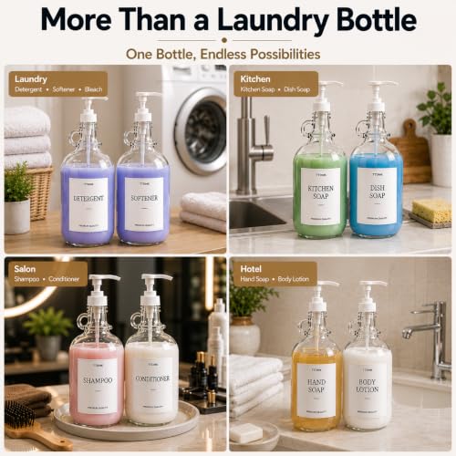 2 Pack Glass Laundry Detergent Dispensers, 64 oz Half Gallon Bottles | Includes Pumps, Waterproof Labels, Funnels and Measuring Cups. Ideal for Organizing Laundry Detergent and Fabric Softener.