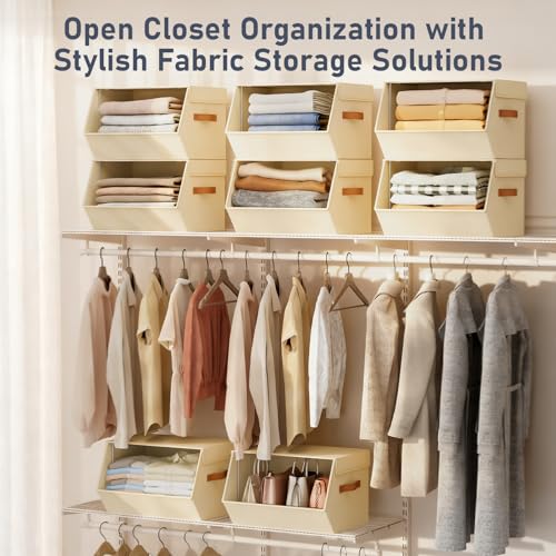 Stackable Closet Organizers and Storage Bins, Open Front Closet Shelf Organizer System With Steel Frame, Clothes Storage Basket Fabric, Collapsible Closet Drawers for Wardrobe, Nursery ,Toy, 4 Pack