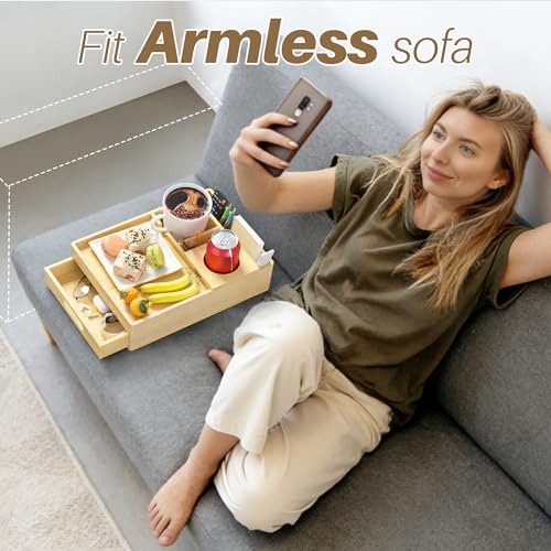 Couch Cup Holder 7-in-1 Couch Tray Sofa Side Table with Push-Pull Drawer