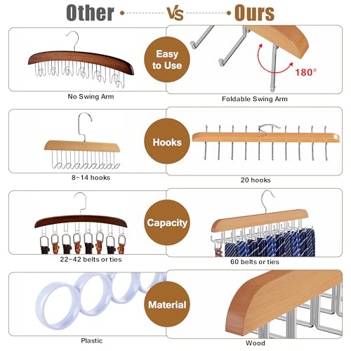 Tie Rack Hanger for Closet, 2 in 1 Belt Tie Hangers with 20 Folding Hooks, 360 Degree Rotating Wooden Tie Holder Organizer for Men Ties Belts Scarves Tank Tops Accessories, Wood (2 Pack)