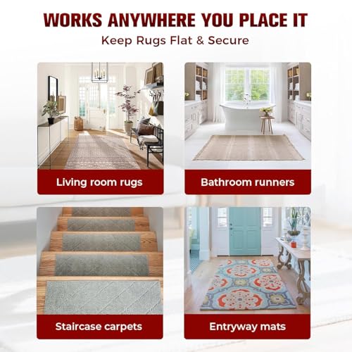 12PC Carpet Tape Double Sided, Heavy Duty Rug Tape for Hardwood Floors, Non-Slip Carpet Adhesive Tape for Area Rugs, Strong Grip