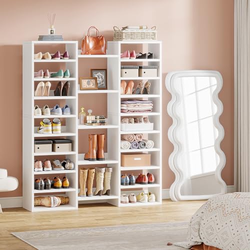 Little Tree 14-Tier Shoe Rack, Freestanding Tall Shoe Shelf, White Wooden Shoe Storage Cabinet with 22 Open Cubbies, 46 Pairs Wide Entryway Shoe Organizer Shoe Cabinet for Living Room, Bedroom