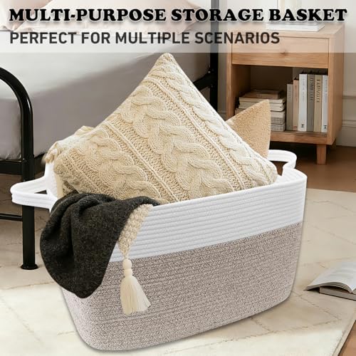 65L Laundry Basket with Handles, Woven Blanket Basket, White/Brown | 21"×16"×12" Collapsible Cotton Rope Storage Basket for Toys Clothes & Pillows, Nursery, Bathroom, Bedroom, Living Room