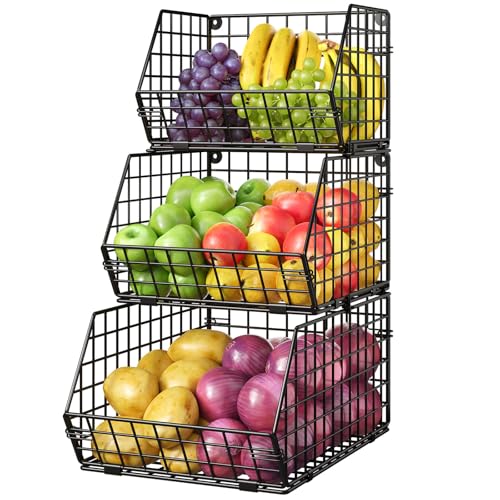3-Tier Stackable Wire Baskets, Fruit and Vegetable Storage for Counter | Wall-Mount Potato and Onion Storage Bin, Metal Produce Basket, Kitchen Pantry Organizer and Storage on Cabinet for Snack/Can