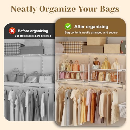 koozuuyk Purse Organizer for Closet-2 Tier Handbag Wire Organizer Rack with 6 Adjustable Shelf Dividers,Handbag Storage Holder for Purses,Totes,Clutches&Chain Bags