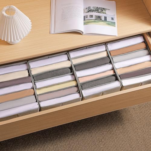 4 Packs Adjustable T-shirt Drawer Organizers for Clothing with 6 Adjustable Dividers, 7 Grids Wardrobe Storage Box, DIY Clothes Organizer for Folded Clothes, T-shirt, Legging