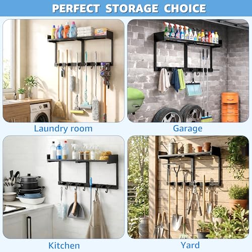 27" Mop and Broom Holder Wall Mount with Top Storage Shelf & Hooks,Black | Mop Hanger Wall Mount, 5 Grippers, 5 Hooks, Wall Organizer For Laundry Room, Garage And Kitchen