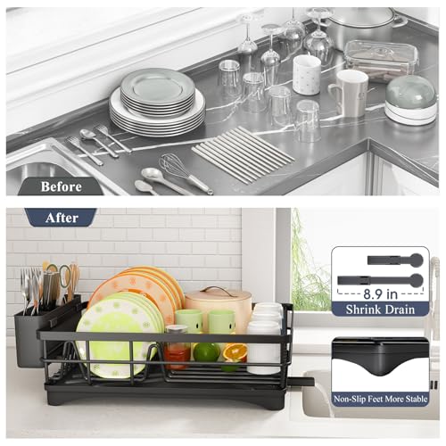 SAYZH Dish Drying Rack for Kitchen Counter with Utensil Holder, Black | Stainless Steel, Large Capacity, Angled Drainboard, Rotating Spout, Removable to Clean