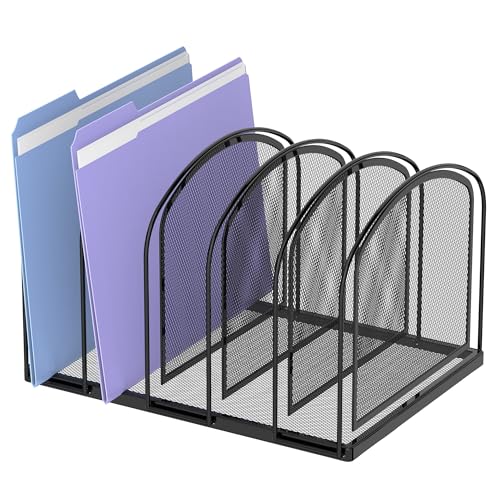 5-Section File Organizer for Desk, Metal File Folder Holder, Black | 5 Vertical Compartments with Sturdy Metal Base for Office Documents Books Magazines and Laptop