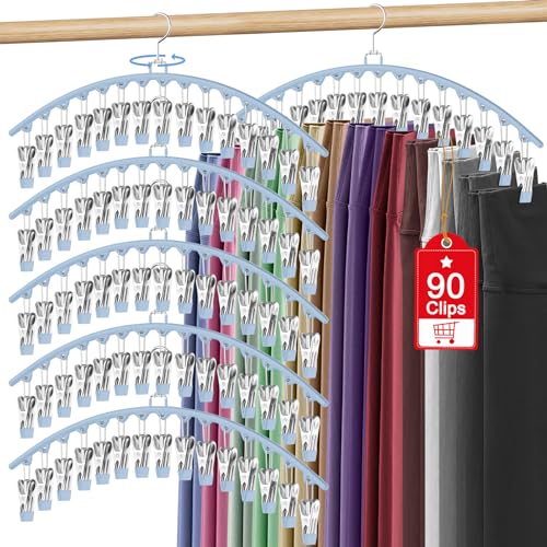 6 Pack Legging Organizer for Closet Hanging, Pants Hangers with Clips Metal | Holds 90 Leggings, Shorts, Skirts, Jeans, Hat, Pants Hangers Space Saving Clothes Rack Closet Organizers and Storage Blue