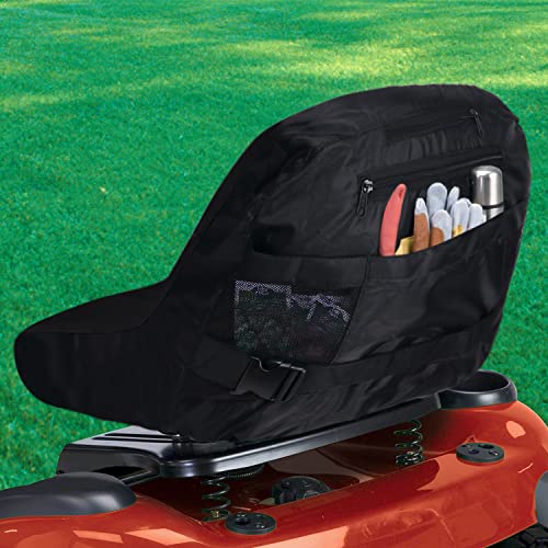 Black Riding Lawn Mower Tractor seat Cover for kubota Craftsman Husqvarna John Deere cub Cadet wheatherproof Padded Comfort fits 12.5''-14'' backrest 3storage Pockets