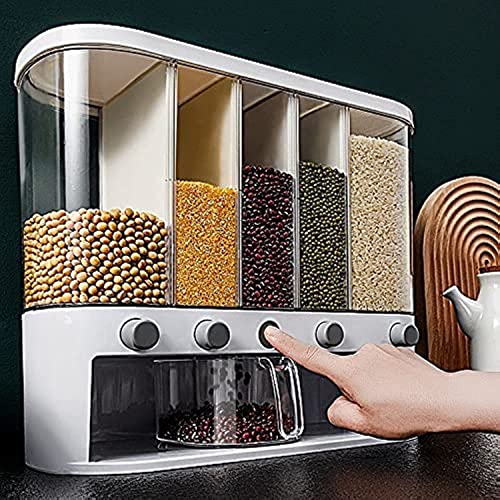Dry Food Dispenser,Wall mounted 5 Grid Cereal Disp... (Red)