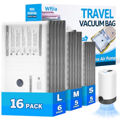 15+1 Packs Vacuum Bags for Travel with Rechargeabl... (16 Count | Gray, Blue)