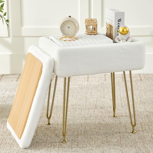 Vanity Stool, Faux Fur Vanity Stool Chair with Sto... (Faux Fur, Wood)
