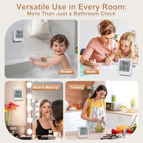 XINKORA Waterproof Shower Clock with Timer, Bathroom Wall Clock Displaying Temperature, Date & Day, Battery Operated LCD Digital Clock for Bath, Kitchen (White)