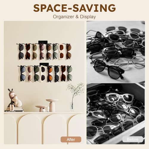 Sunglasses Organizer, 2 Pack 17 Inch Wall Mounted Sunglass Holder | Wall Glasses Holder Stand Multiple Eyeglasses Display Rack Storage for Entryway, Living Room, Bedroom, Dresser, Metal, Black