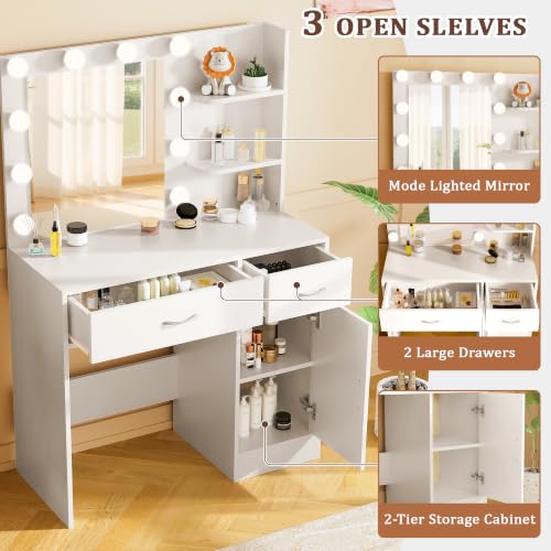 LIVELYGLOW 35.4" White Makeup Vanity Desk with 10 Hollywood Light Bulbs | Dimmable Lighting, Large Mirror, Storage Cabinet