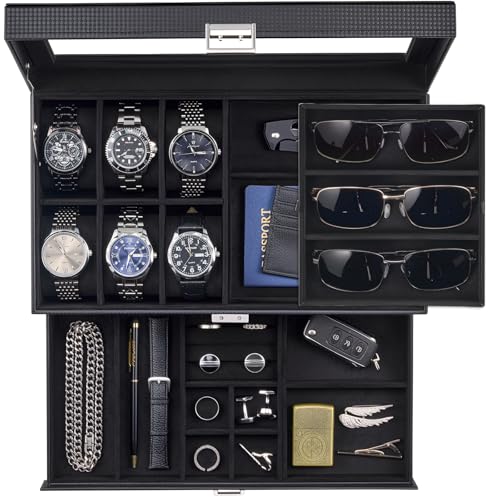 ProCase Mens Jewelry Box,6 Slot Watch Box & 3 Slot Sunglass Holder-AllBlack | 2-layer Lockable Sunglasses Jewelry Organizer Storage for Men, Watch Display Case with Drawer, Clear Lid, Father Gift