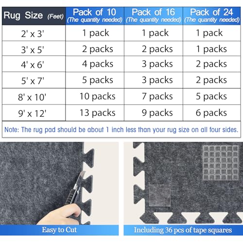 BXI Soundproof Interlocking Rug Pad 16 Pcs, 11x 11 x 0.4 inches Non Slip Rug Pads, High Density Noise Reduction Puzzle Felt Carpet Padding, Rug Mat Protects and Adds Cushion for Hardwood Floor