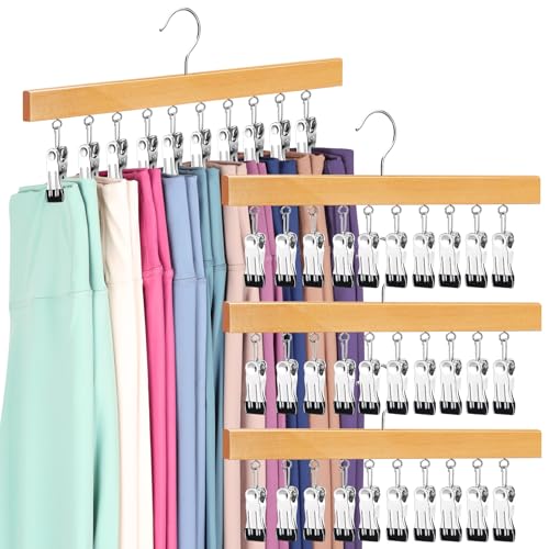 Legging Organizer for Closet, Pants Hangers with Clips Holds 20 Leggings, Jeans, Hats, Shorts, Socks, 360° Rotating Space Saving Hanging Clothes Organizer for Closet Organizers and Storage 4Pcs Wood