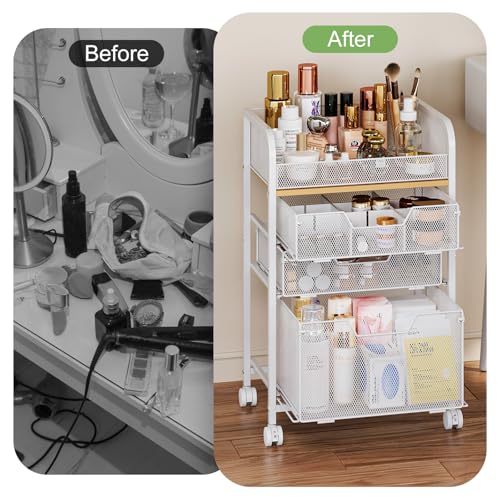 Hongtamoya Makeup Organizer Cart with Drawers, Floor Skincare Organizers Make Up Organizers Vanity Organizer Cosmetic Display Cases Holder for Skin Care Perfume Nail Polish Brush Hair Tool, White