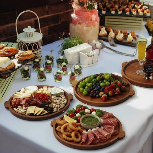 Charcuterie Board 13'' Wood Serving Platter Round Ottoman Coffee Table Tray | Acacia Wood Serving Tray with Handles, Wooden Cheese Board Circular Decorative Serving Platter for Party Supplies, 1 Board