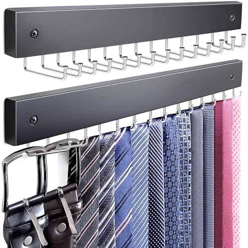 2-Pack Tie Rack Wall Mounted, Belt Hanger, Tie Organizer for Closet | Wooden Tie and Belt Organizer, 28 Folding Hooks, Space Saving Tie Holder, Durable Belt Rack for Closet Wall Mount, Black
