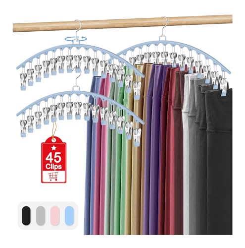3 Pack Legging Organizer for Closet Hanging, Pants Hangers with Clips Metal | Holds 45 Leggings, Shorts, Skirt, Jeans, Hat, Pants Hangers Space Saving Clothes Racks Closet Organizers and Storage Blue