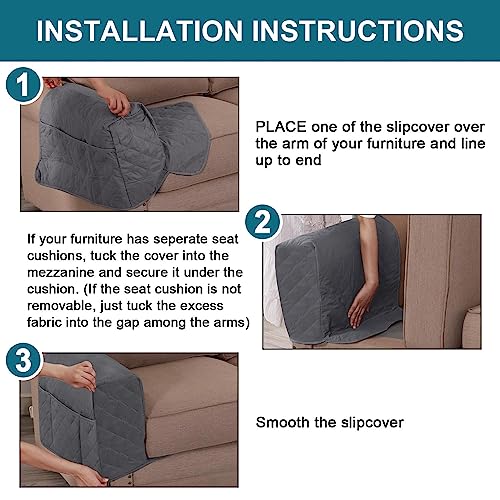 Turquoize 2 Pack Waterproof Armrest Covers for Chairs and Sofas Couch Arm Covers for Sofa Armrest Covers with Side Pocket Anti-Slip Furniture Protector Washable Armrest Slipcovers Set of 2, Gray