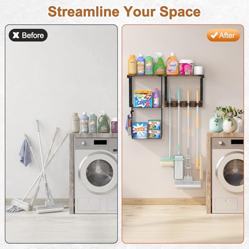 Housolution Wall Mount Broom Holder Laundry Room Storage Organizer Shelves | Thickened Metal Frame, 100 LBS High Load-Bearing, Large Capacity, Multifunctional with 2 Baskets, 4 Grippers & Hooks