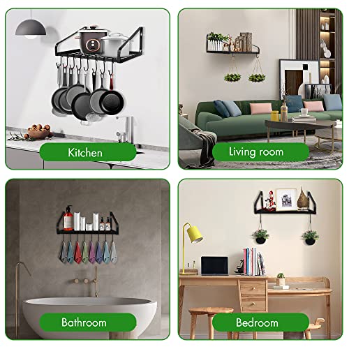 Hanging Pots & Pans Rack,Wall Mounted Pots Pans Organizer Holder Rack with 8 Hooks, Kitchen Wall Storage Organizer Hanger Shelves for Pans Set, Utensils, Cookware, Books, Household,Black