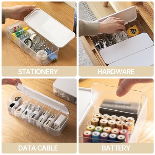 Cable Organizer Storage Box with Lid, 7 Wire Ties, White | Adjustable Dividers, Holds Power Cords & Charger, Dust-Proof, Desktop Accessories & Stationery Supplies for Home & Office