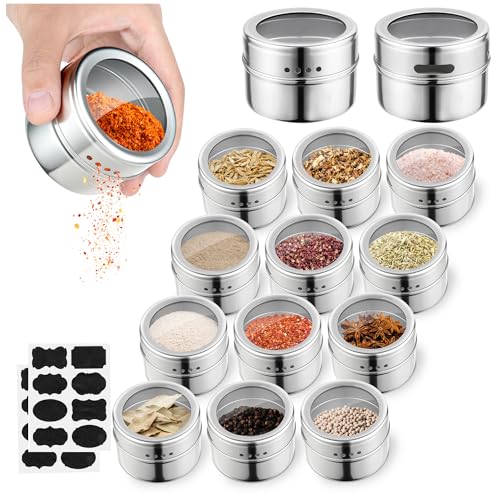 12pcs Stainless Steel Spice Jars, Magnetic Condiment Tins Magnetic Spice Jar With Clear Lid And Holes Sift&Pour - Easy To Clean