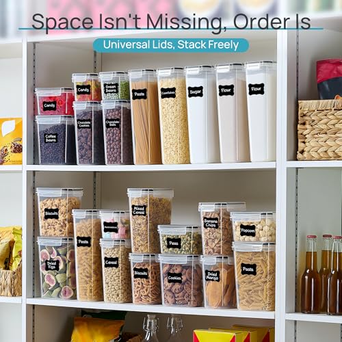 Airtight Food Storage Containers with Lids, Vtopmart 24 pcs Plastic Kitchen and Pantry Organization Canisters for Cereal, Dry Food, Flour and Sugar, BPA Free, Includes 24 Labels,Black