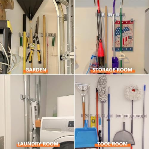 Broom Holder Wall Mount Mop Hanger Tools organizer 5Racks 4Hooks | Adjustable Mop Broom Wall Hanging Heavy duty Tools Storage Rack Space-saving for Garage,Kitchen,Laundry Room,Garden, Silver